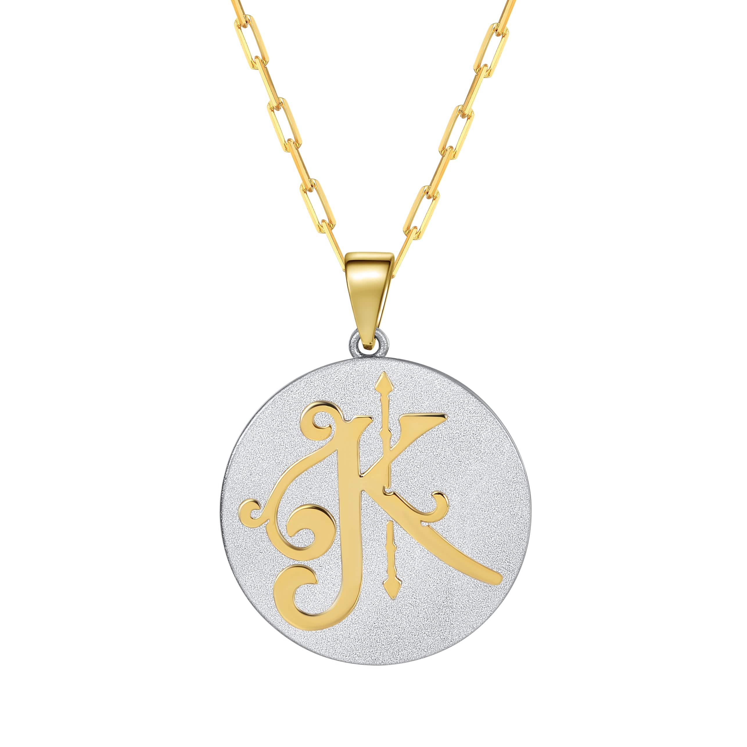 Saints & Saviors Fancy Initial Pendant Necklace gold letter K on silver disc