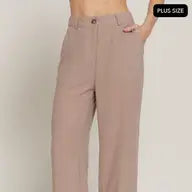 Khaki Straight Woven Linen Effect Long Pants - Athena's Fashion Boutique