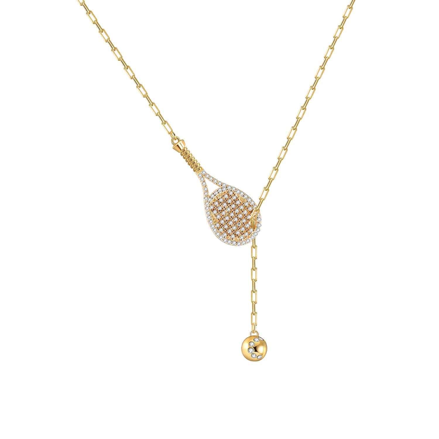 LoveMatch Tennis Lariat Bling Racquet and Ball Necklace Gold with Crystals