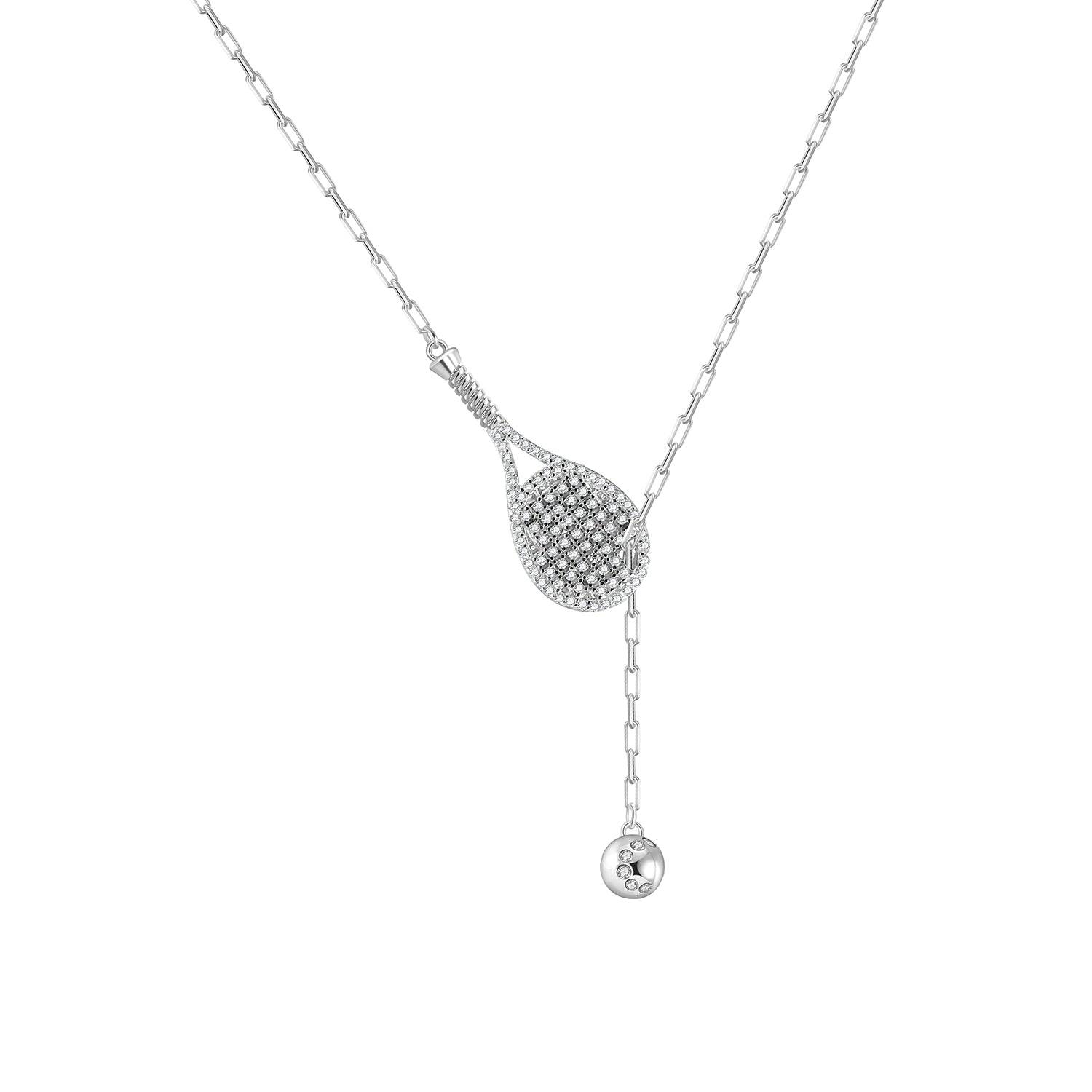 LoveMatch Tennis Lariat Bling Racquet and Ball Necklace Silver