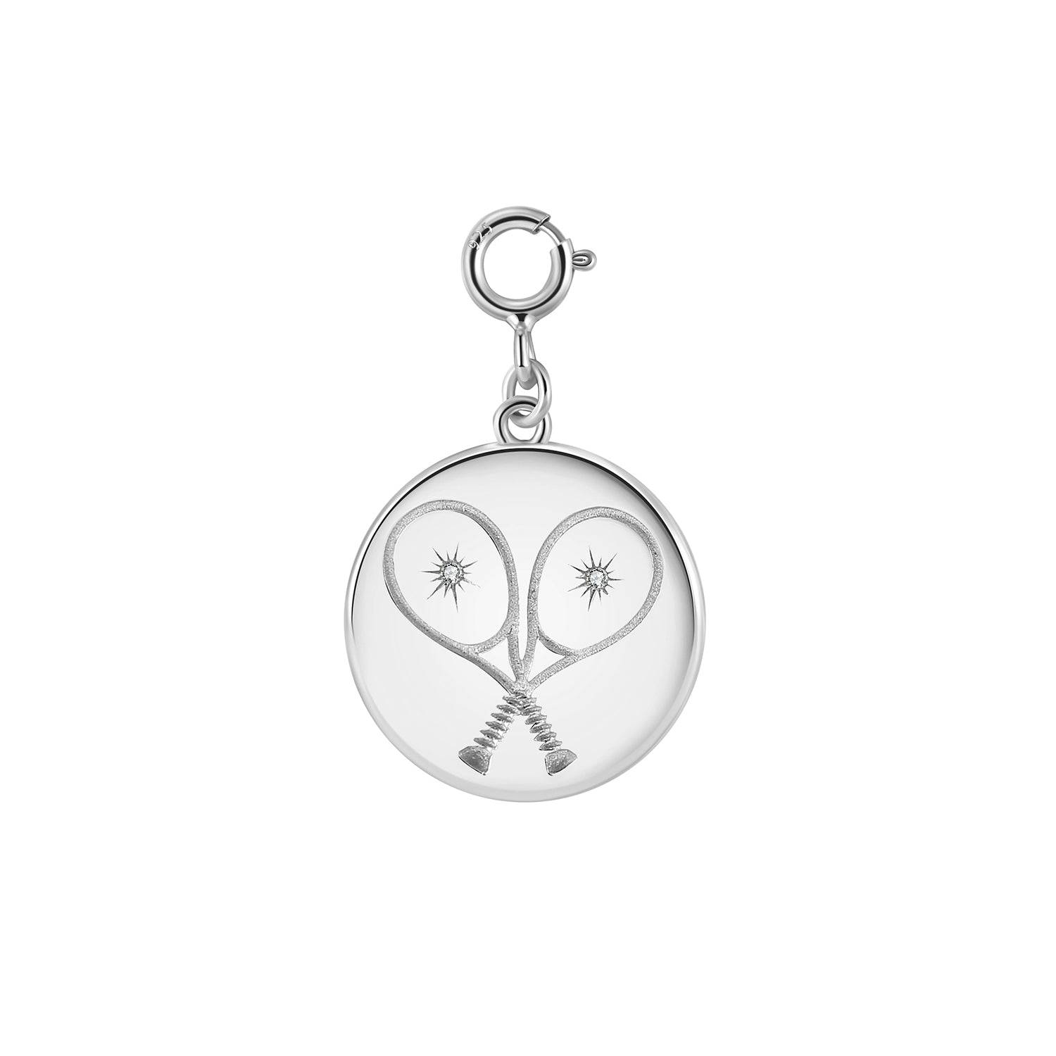 LoveMatch Tennis Heart Disc Clip On Charm with Double Racquets Silver