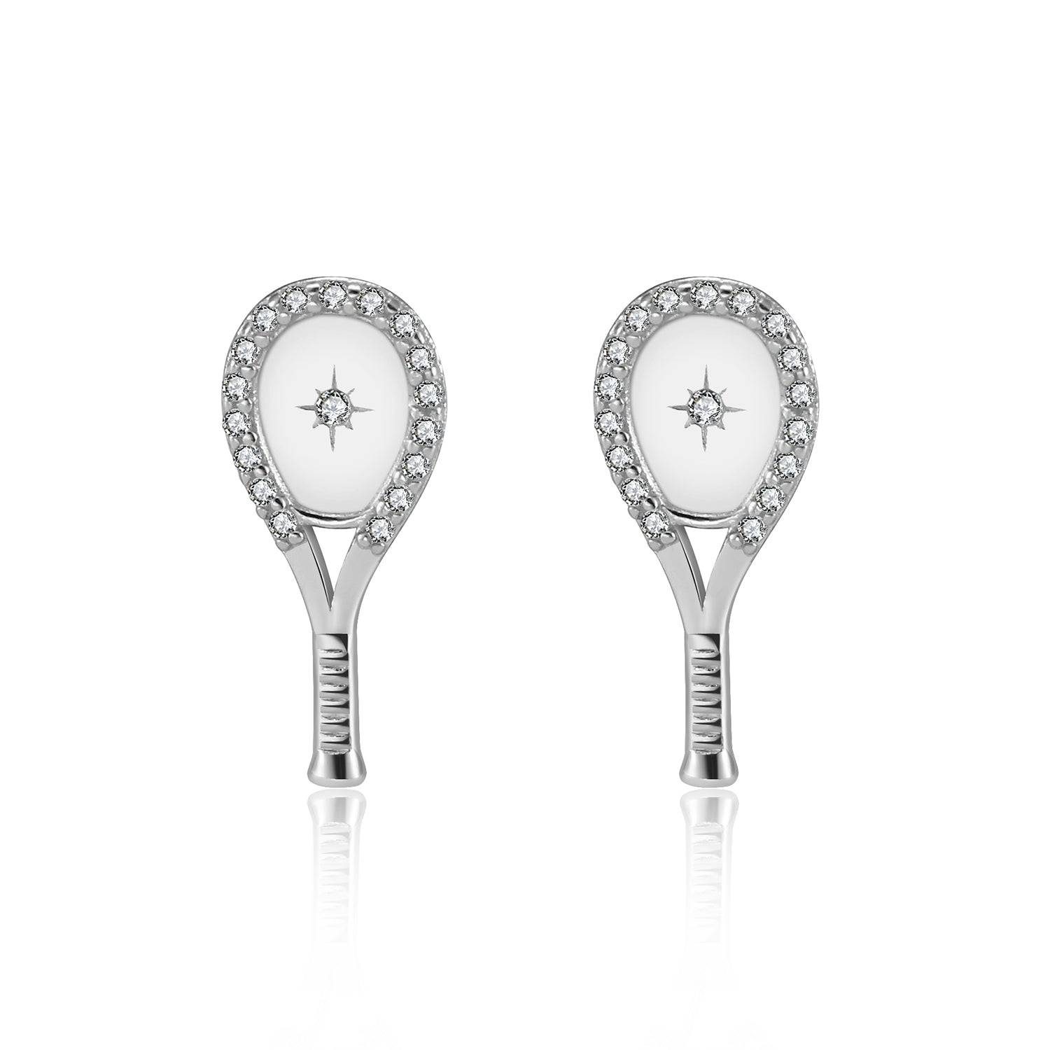 LoveMatch Tennis Racquet Bling Stud Earrings Silver with Crystals