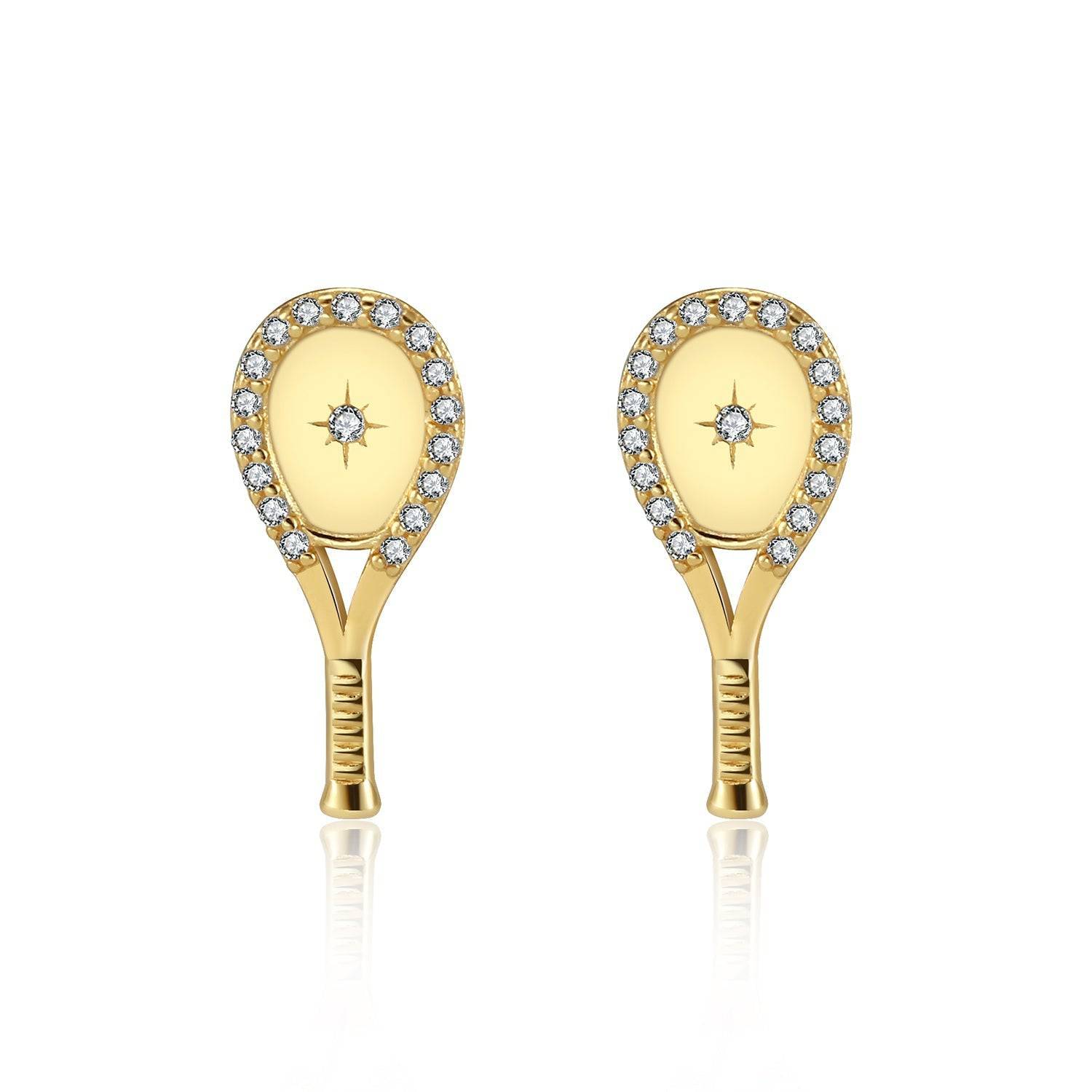 LoveMatch Tennis Racquet Bling Stud Earrings Gold with Crystals