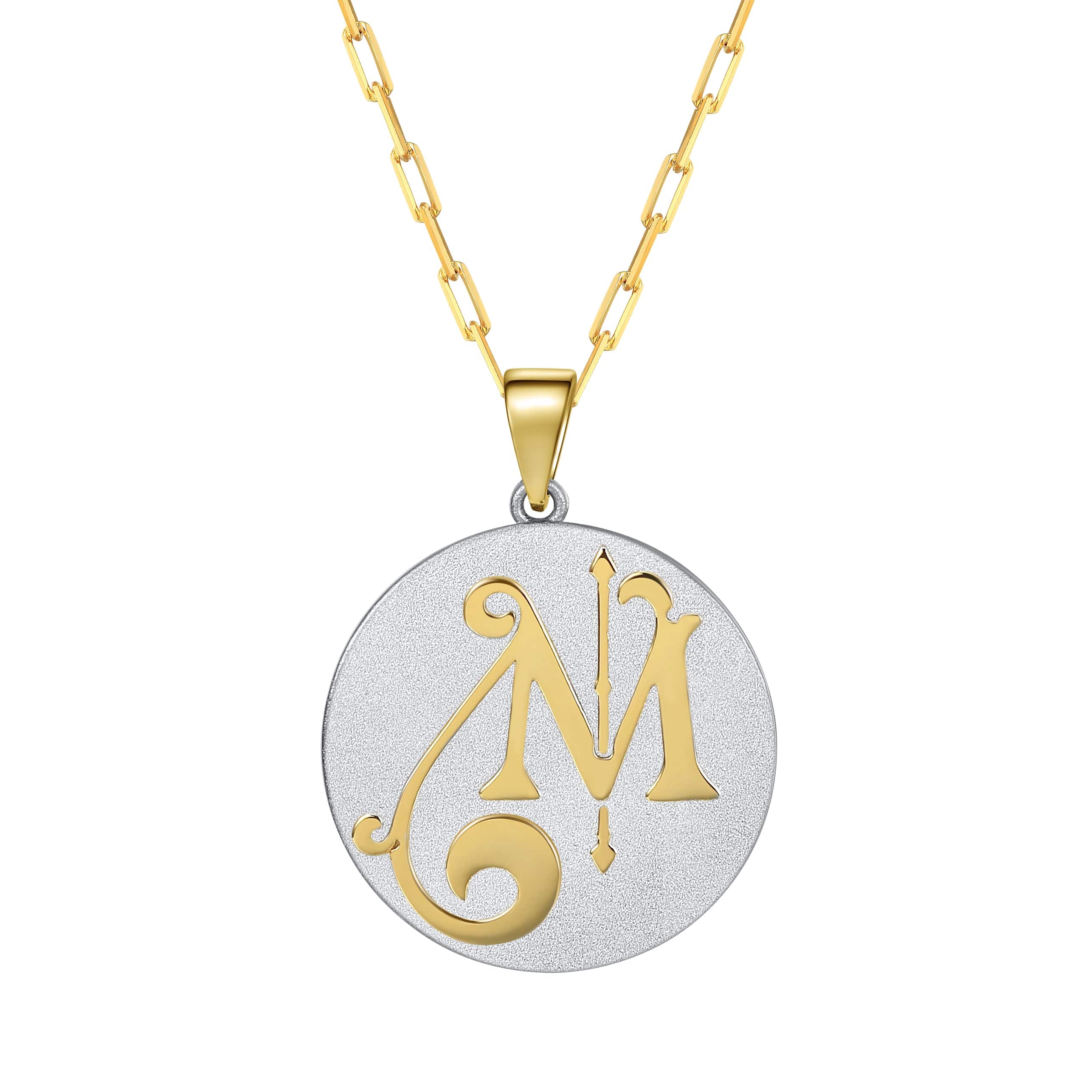 Saints & Saviors Fancy Initial Pendant Necklace gold letter M on silver disc