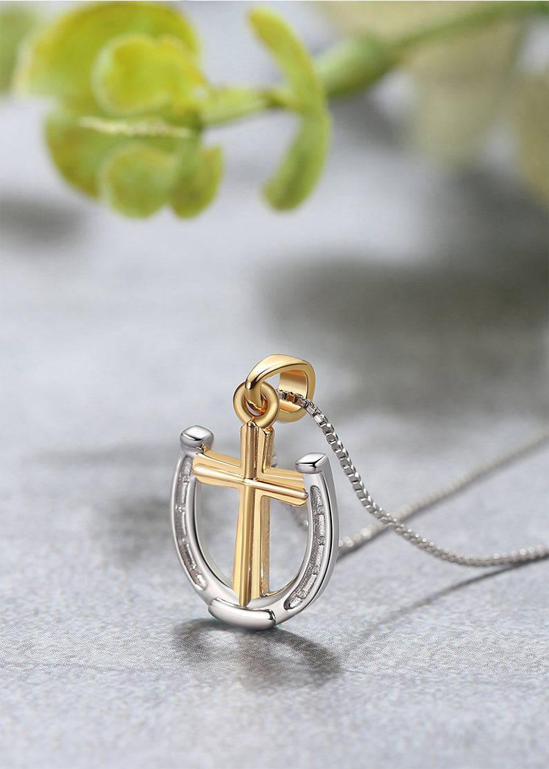 Saints and Saviors Rider's Prayer Mini G/S two-tone Horseshoe and Cross Necklace on Silver chain