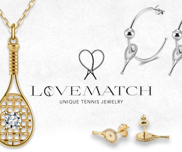 Tennis-themed jewelry set with 'Lovematch' branding on a light background