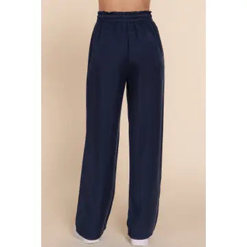 Navy Elastic Waist Tencel Long Pants
