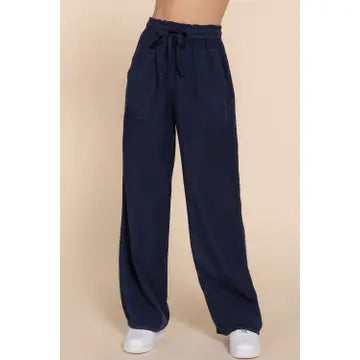Navy Elastic Waist Tencel Long Pants