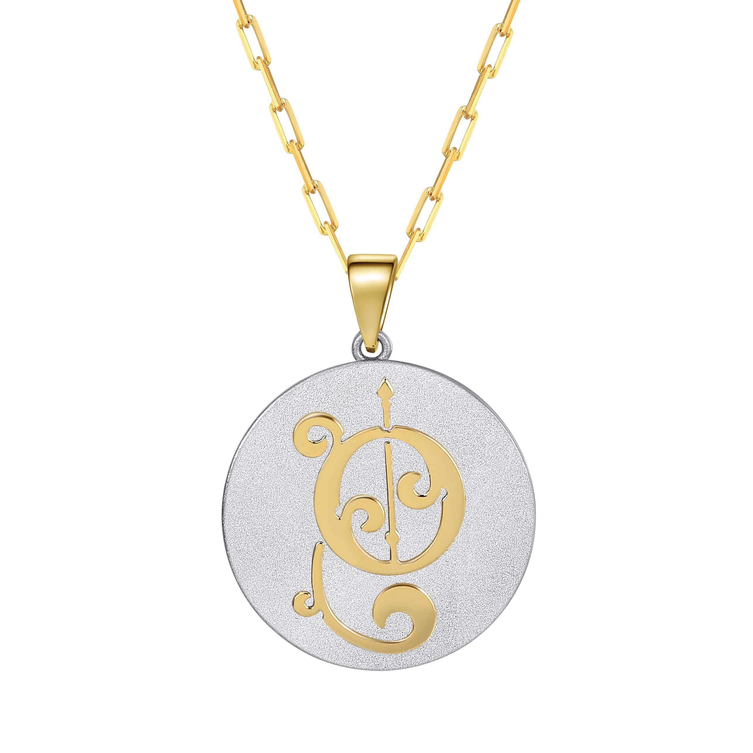 Saints & Saviors Fancy Initial Pendant Necklace Gold letter O on silver disc