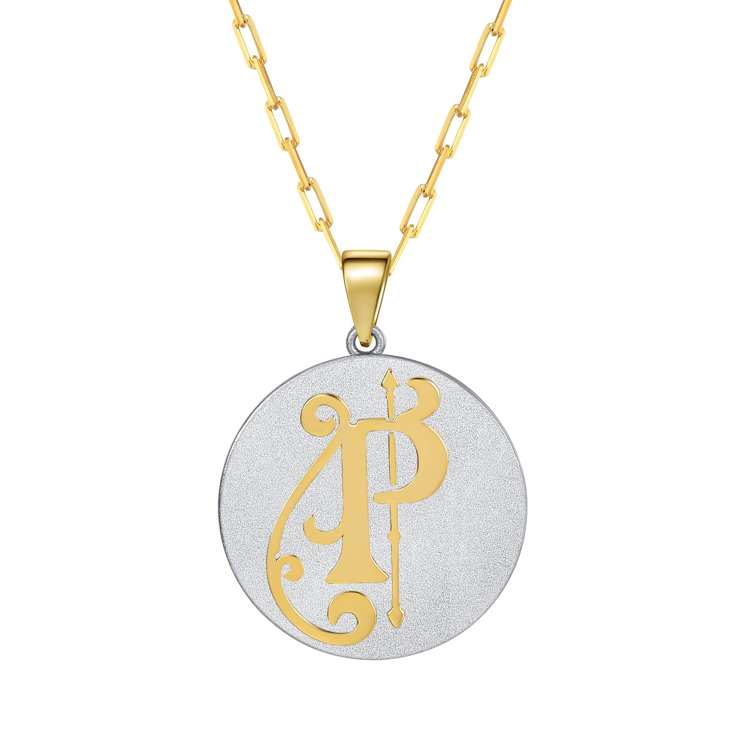Saints & Saviors Fancy Initial Pendant Necklace gold letter P on silver disc