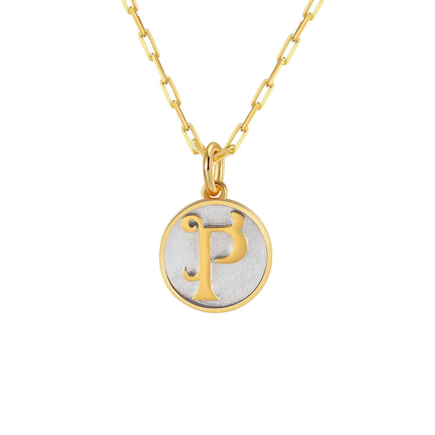 Saints and Saviors Dainty Fancy Initial Pendant Necklace gold letter P on small silver disc