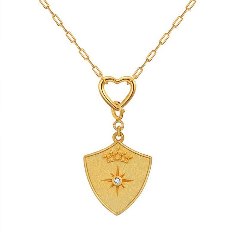 Saints and Saviors Gold Shield Crown Pendant on Heart Necklace