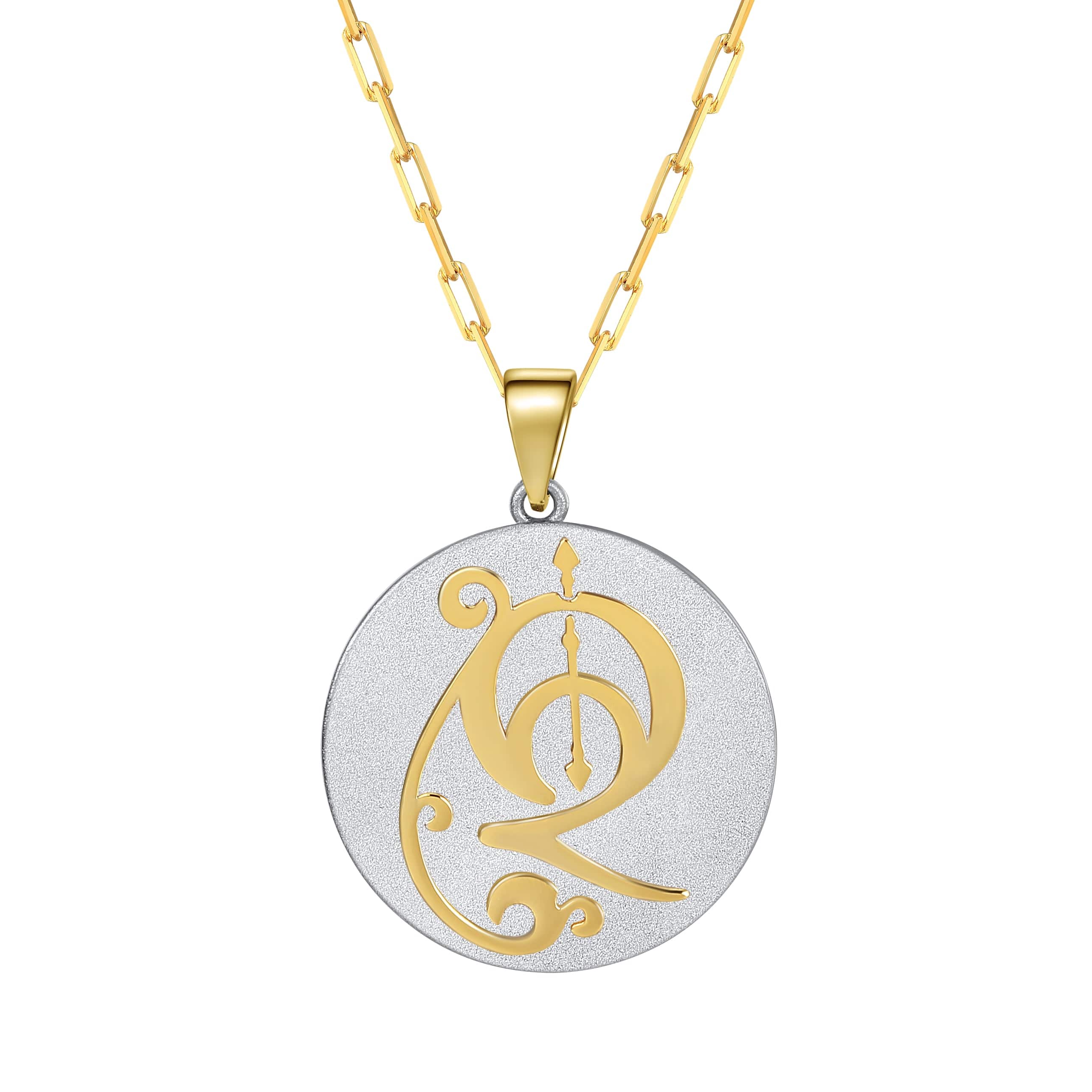 Saints & Saviors Fancy Initial Pendant Necklace gold letter on silver disc