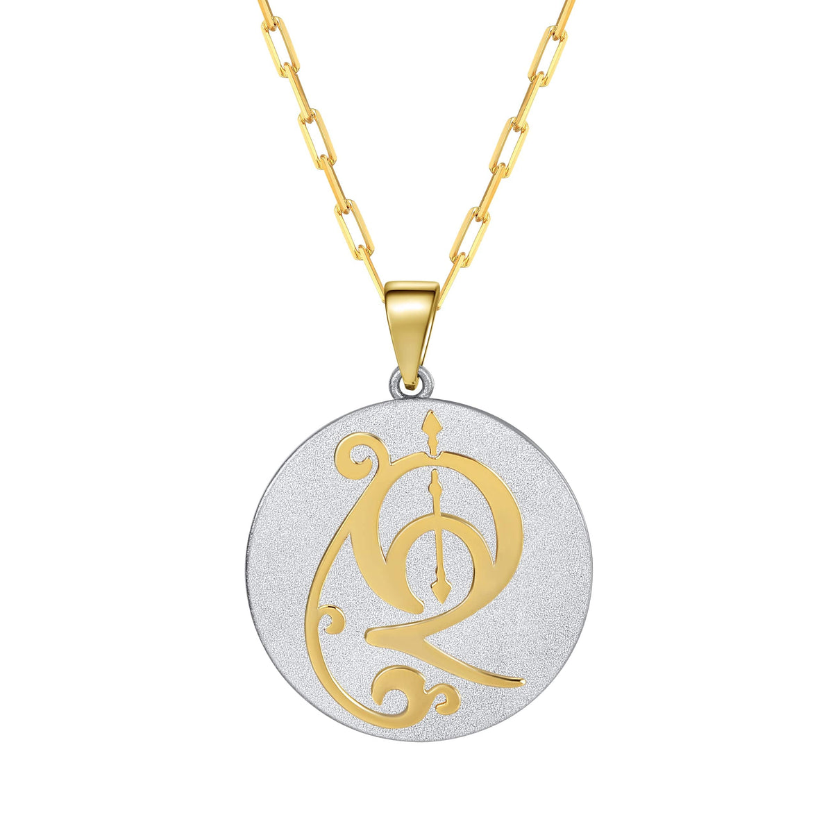 Saints & Saviors Fancy Initial Pendant Necklace gold letter on silver disc