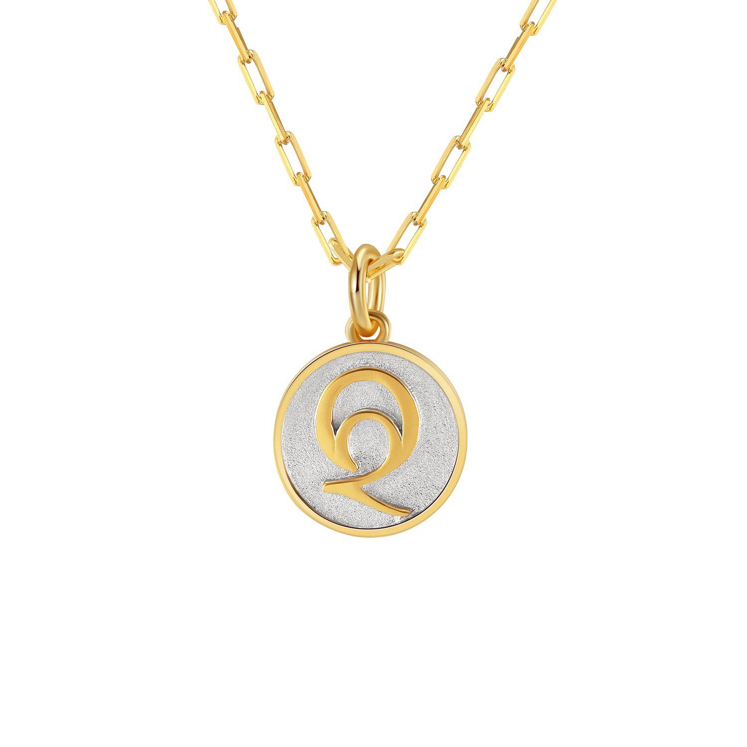 Saints and Saviors Dainty Fancy Initial Pendant Necklace gold letter Q on small silver disc
