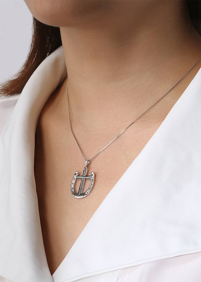 Saints and Saviors Rider's Prayer Necklace in Sterling Silver on model