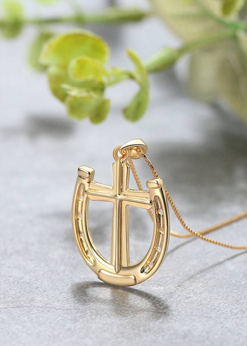 Saints and Saviors Rider's Prayer Gold Horseshoe Cross Necklace