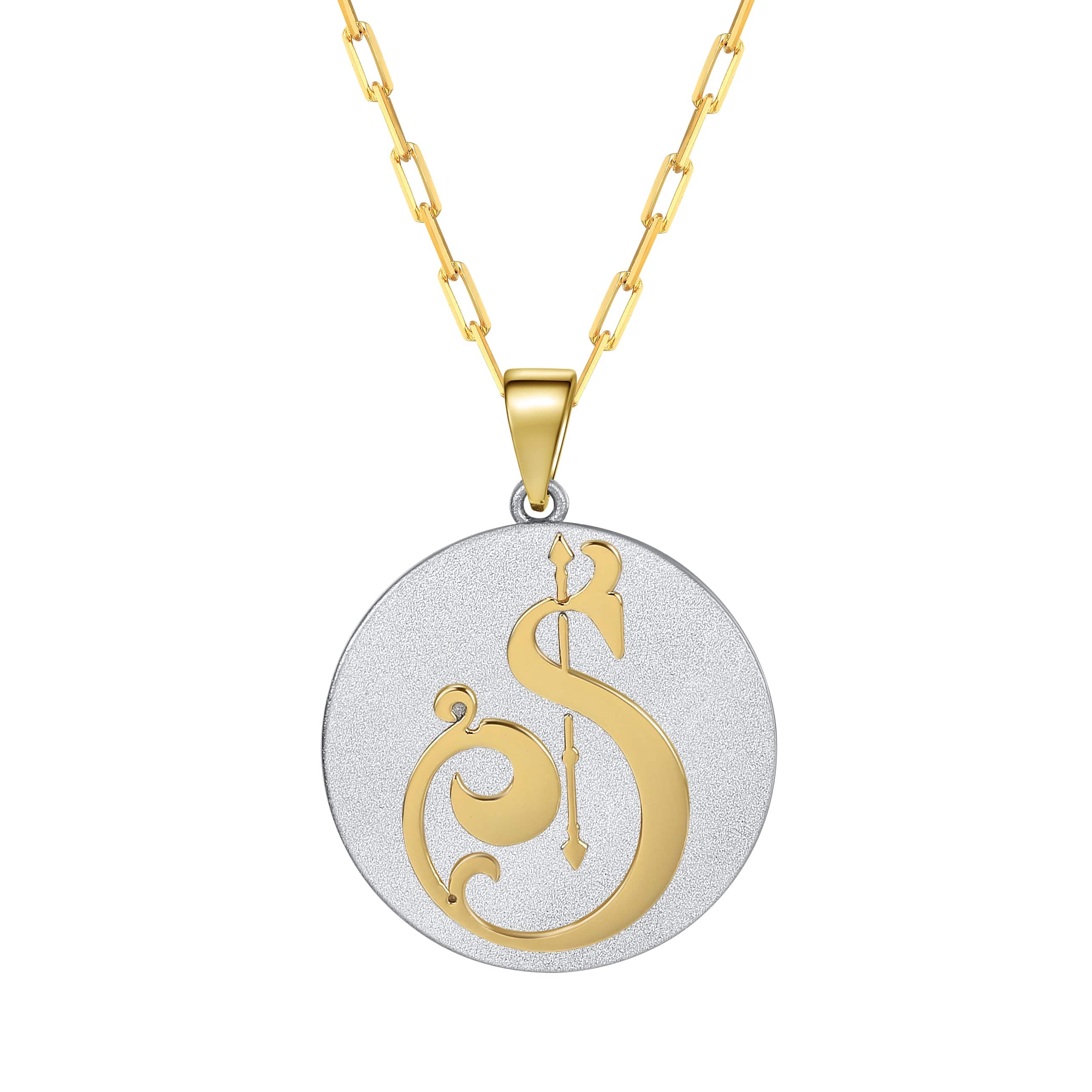 Saints & Saviors Fancy Initial Pendant Necklace gold letter S on silver disc