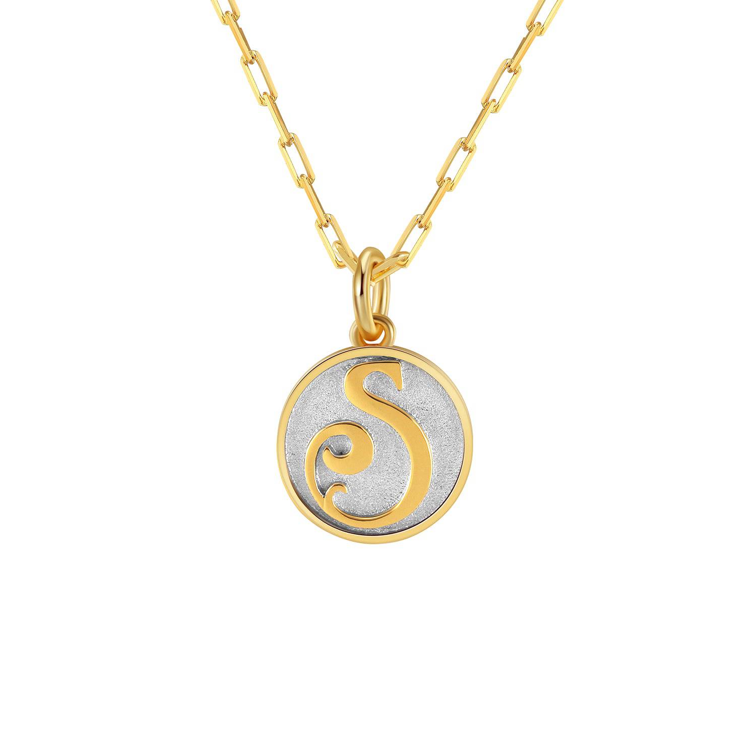 Saints and Saviors Dainty Fancy Initial Pendant Necklace gold letter S on small silver disc