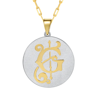 Saints & Saviors Fancy Initial Pendant Necklace gold letter G on silver disc on white background