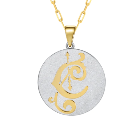 Saints & Saviors Fancy Initial Pendant Necklace gold letter C on silver disc on white background