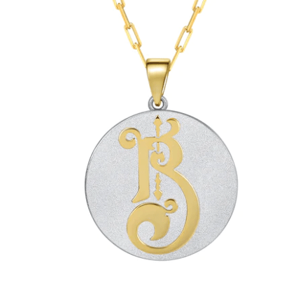 Saints & Saviors Fancy Initial Pendant Necklace gold letter B on silver disc on white background