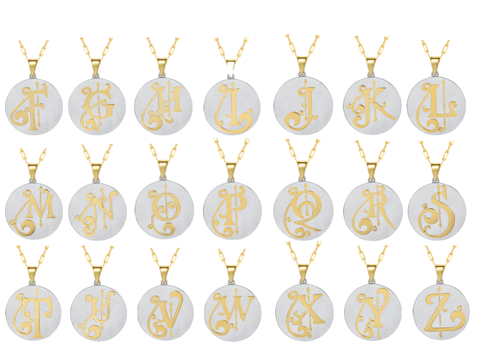 Saints & Saviors Fancy Initial Pendant necklaces with round silver disc pendants with gold elaborate letters F through Z shown on a white background
