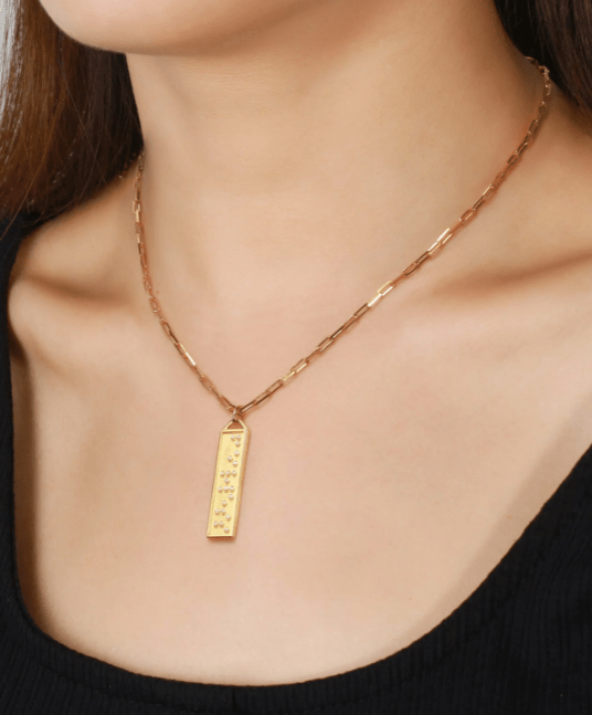 Touchstone You Got This Bar Necklace Gold Braille Crystals on model