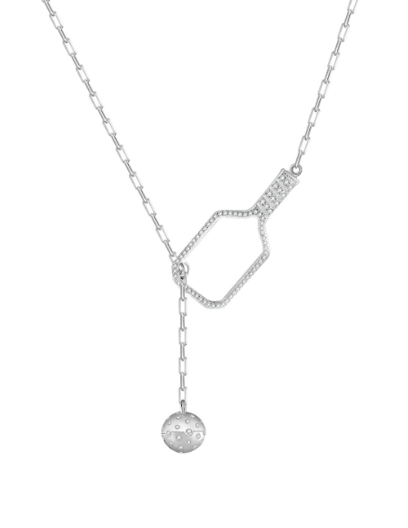 Pickleball Lariat PLUS Silver Paddle & Ball Necklace with Crystals