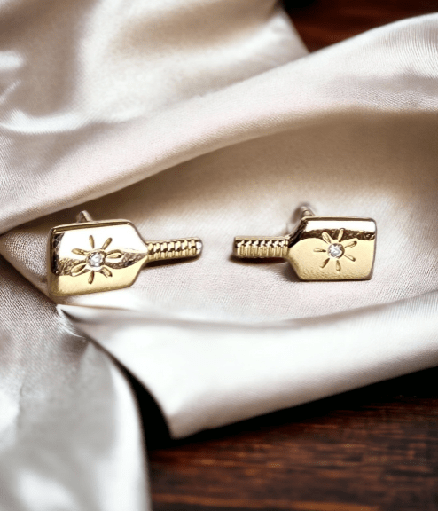 Pickleball Paddle FINE Solid 14k Gold Stud Earrings with Diamonds