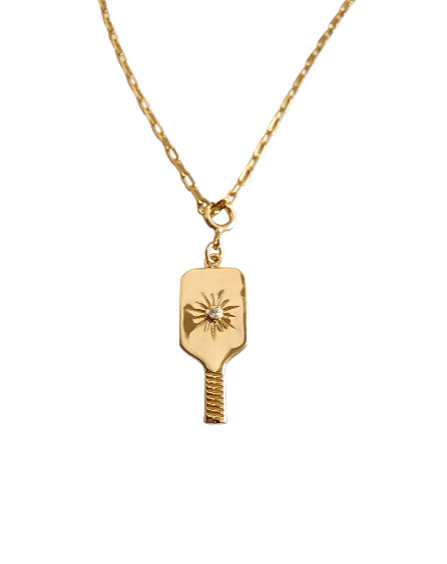Pickleball Paddle Charm Gold Necklace with Crystal