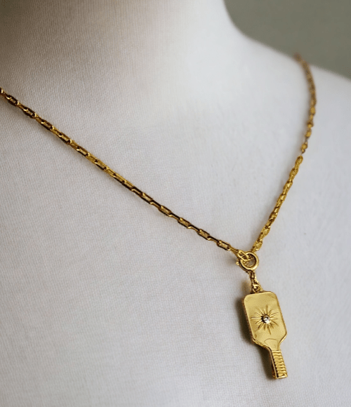 Pickleball Paddle Charm Gold Necklace with Crystal
