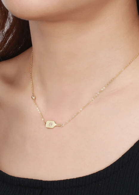 Pickleball Dainty Dinker Flower Paddle and Ball Gold Necklace on Model