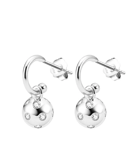 Pickleball Huggie Hoop with Pickleball Ball Silver Earrings with Crystals