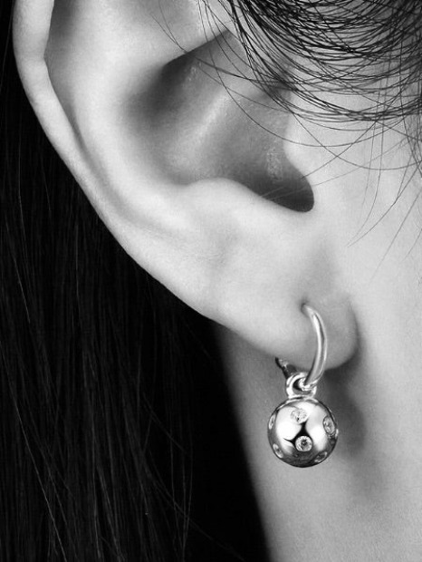 Pickleball Huggie Hoop Silver Earrings with Crystals on Model