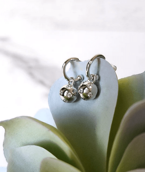 Pickleball Huggie Hoop Silver Earrings with Crystals