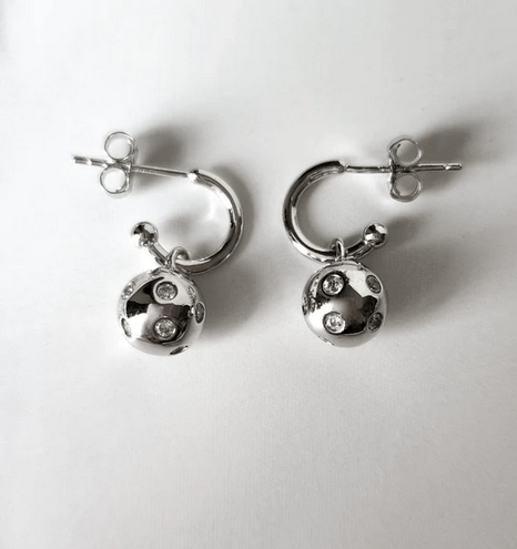 Pickleball Huggie Hoop Pickleball Ball Silver Earrings with Crystals