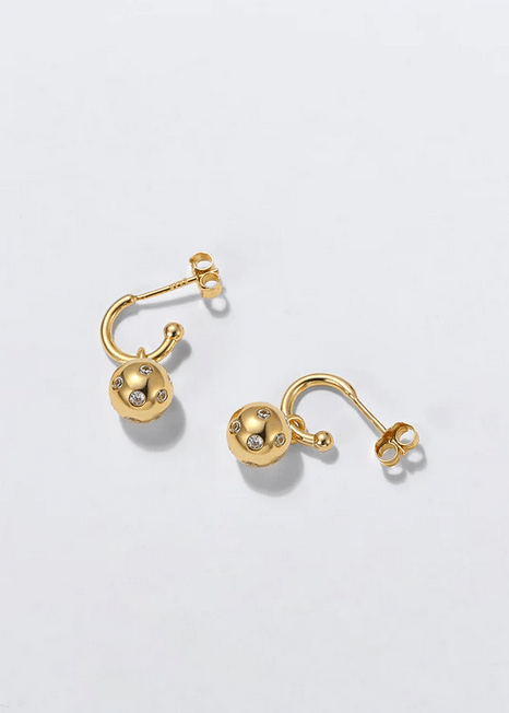 Pickleball Huggie Hoop Pickleball Ball Gold Earrings with Crystals