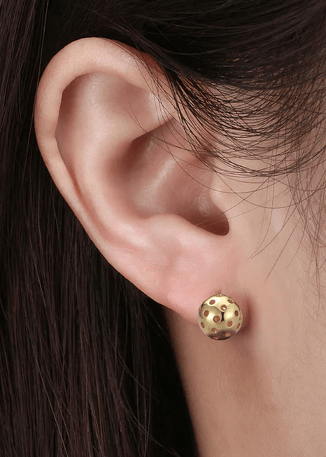 Pickleball Ball Stud Earrings Gold on Model