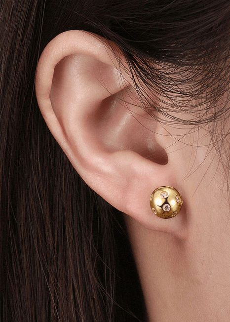 Pickleball Bling Crystals Stud Ball Gold Earrings on Model