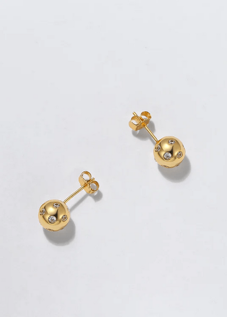 Pickleball Bling Crystals Stud Ball Gold Earrings on White Background