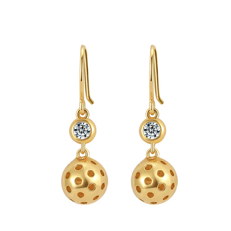 Pickleball Ball Drop Gold Earrings with Crystal