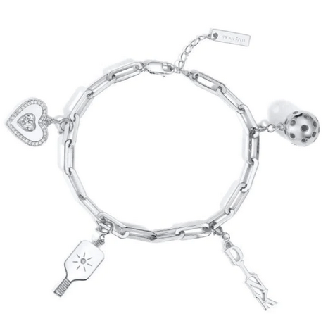 Pickleball Pickle Me Charmed Bracelet with 'Dink', Paddle, Heart and Ball Charm Silver