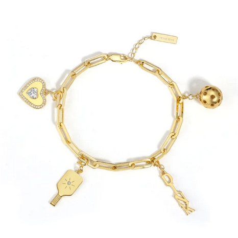 Pickleball Pickle Me Charmed with DINK, Paddle, Ball, Heart Charms Bracelet Gold