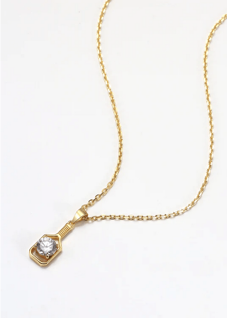 Pickleball Diamond Solitaire FINE Solid 14K Gold Paddle with single large CZ Necklace on gold chain