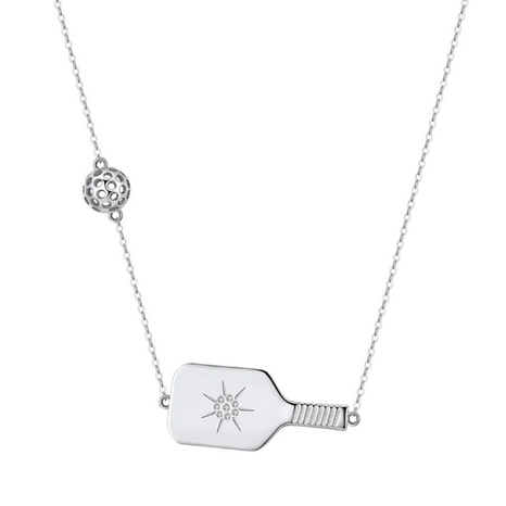 Pickleball The Dainty Dinker Starburst Paddle with Ball Silver Necklace