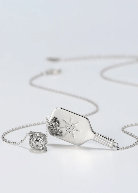 Pickleball The Dainty Dinker Paddle with Ball Starburst Silver Necklace