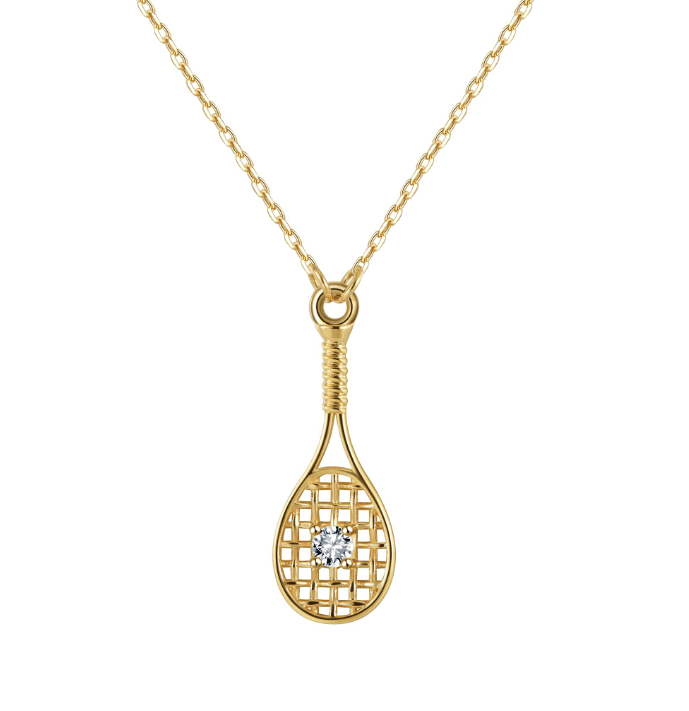 Tennis Sweet Love FINE Racquet Necklace 14k Gold with Diamond on white background