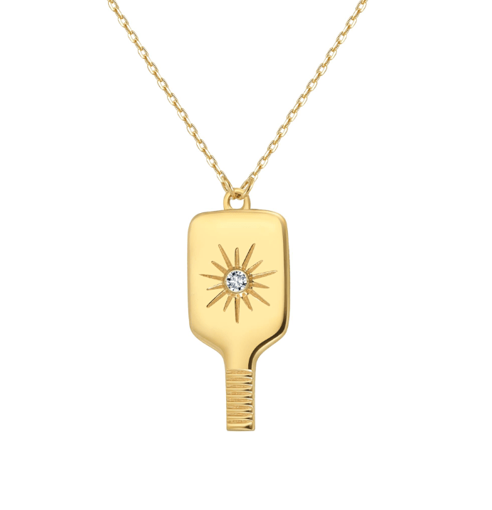 Pickleball Paddle Pendant FINE Necklace Solid 14k Gold with Diamond
