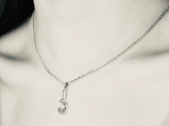 Pickleball Solitaire Paddle and Stone Silver Necklace on model